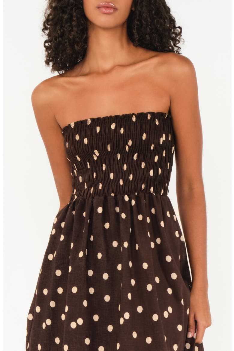 Drift Polka Dot Strapless Smocked Bodice Linen & Cotton Sundress, Alternate, color, POLKA DOT BROWN
