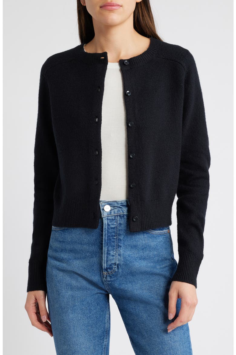 Crewneck Cotton Blend Cardigan, Alternate, color, BLACK