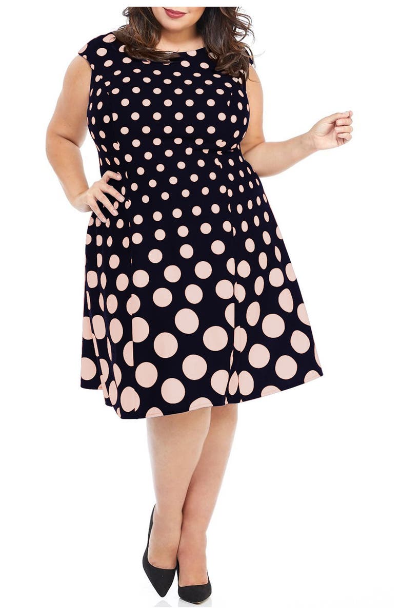 London Times Polka Dot Fit & Flare Dress, Main, color, Blk/Blush
