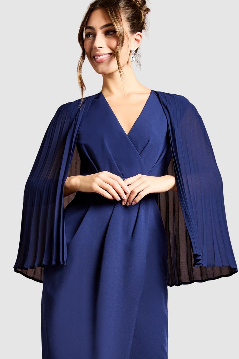Pleated Cape Detail Crepe Pencil Dress, Alternate, color, Navy