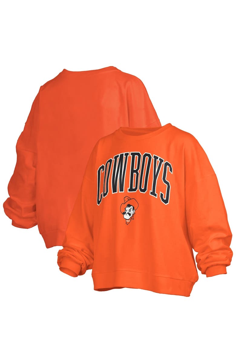 PRESSBOX Women's Pressbox Orange Oklahoma State Cowboys Janise Arch Over Logo Waist Length Oversized Pullover Sweatshirt, Main, color, Orange