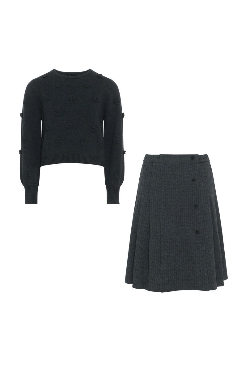 Space Grey Herringbone Stretch 2 Piece Long Sleeve Sweater and Skirt Set, Main, color, Black