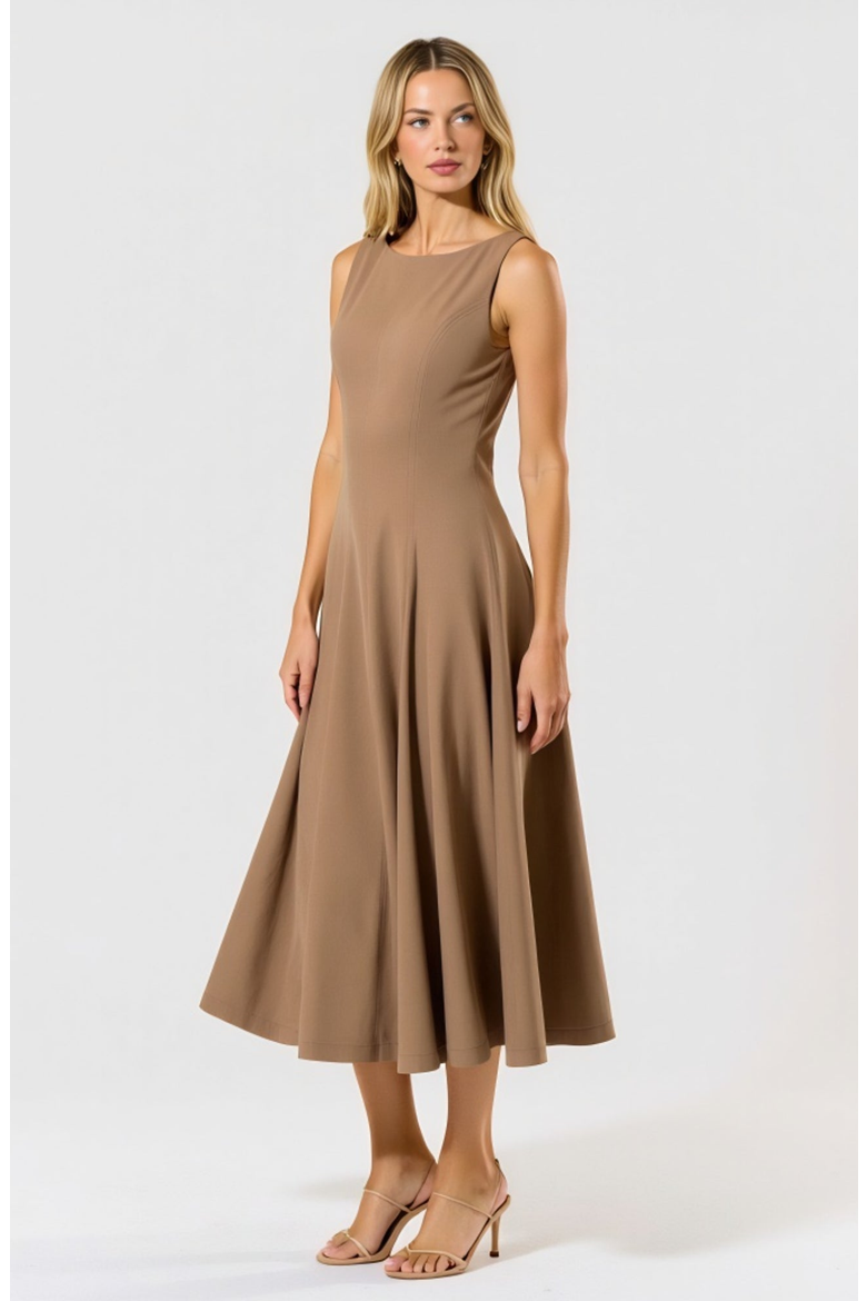 Sleeveless Boat Neck Fit and Flare Midi Dress with Seam Detailing, Alternate, color, Brown