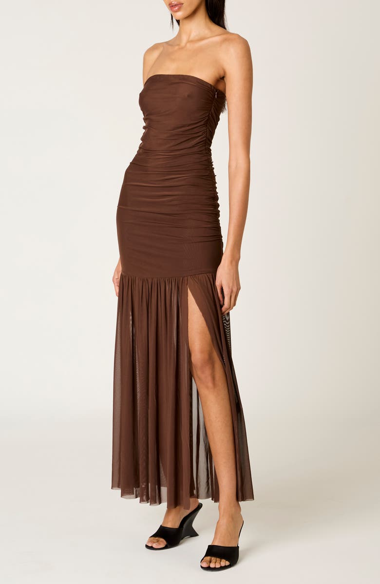 Nia Nola Shirred Strapless Mesh Maxi Dress, Alternate, color, Espresso