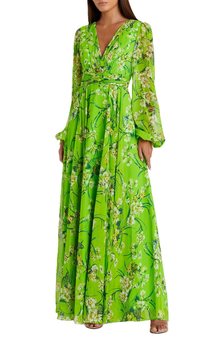 Mac Duggal Puff Sleeve Floral Chiffon Gown, Main, color, Green Multi