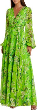 Mac Duggal Puff Sleeve Floral Chiffon Gown