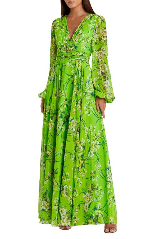Mac Duggal Puff Sleeve Floral Chiffon Gown In Green Multi