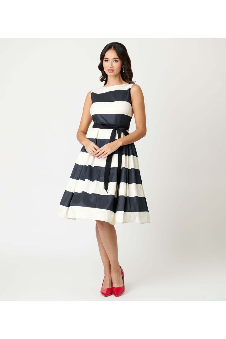 Sleeveless Belted Swing Dress, Main, color, Black & Ivory Stripes