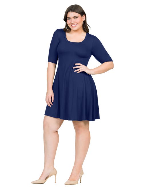24seven Comfort Apparel Elbow Sleeve Knee Length Dress In Blue
