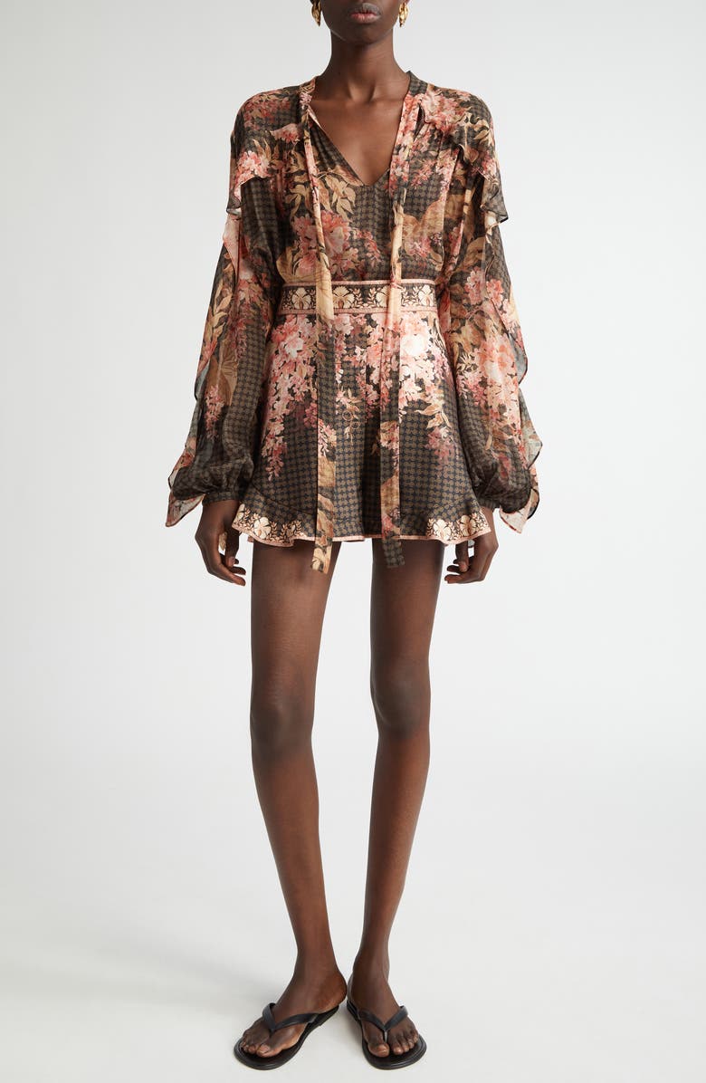 Zimmermann Tropical Floral Flutter Ruffle Tie Neck Top, Alternate, color, 