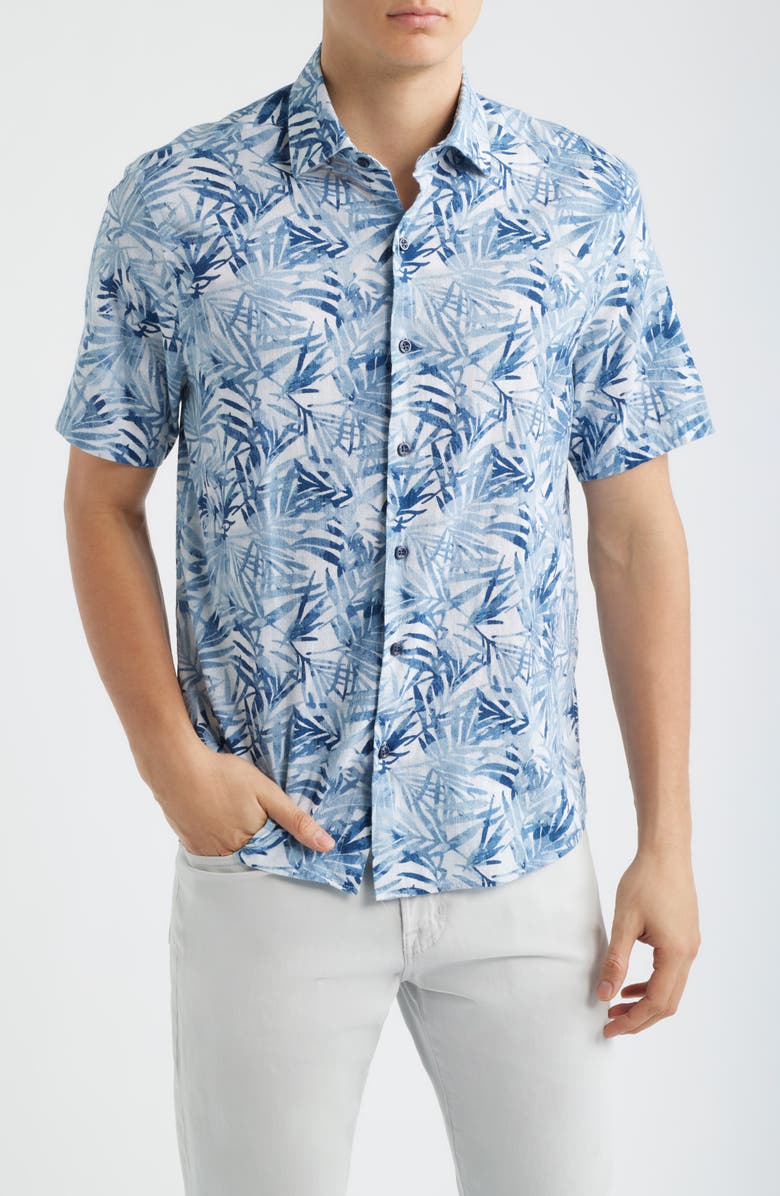 Robert Barakett Keneth Leaf Print Short Sleeve Stretch Cotton Button-Up Shirt, Main, color, Washed Blue