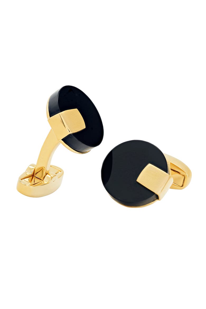 Black Obsidian Disc with Gold Tab Cufflinks, Main, color, Black