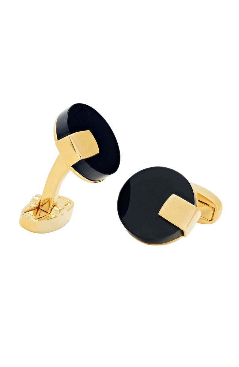 Link Up Black Obsidian Disc with Gold Tab Cufflinks, Main, color, Black