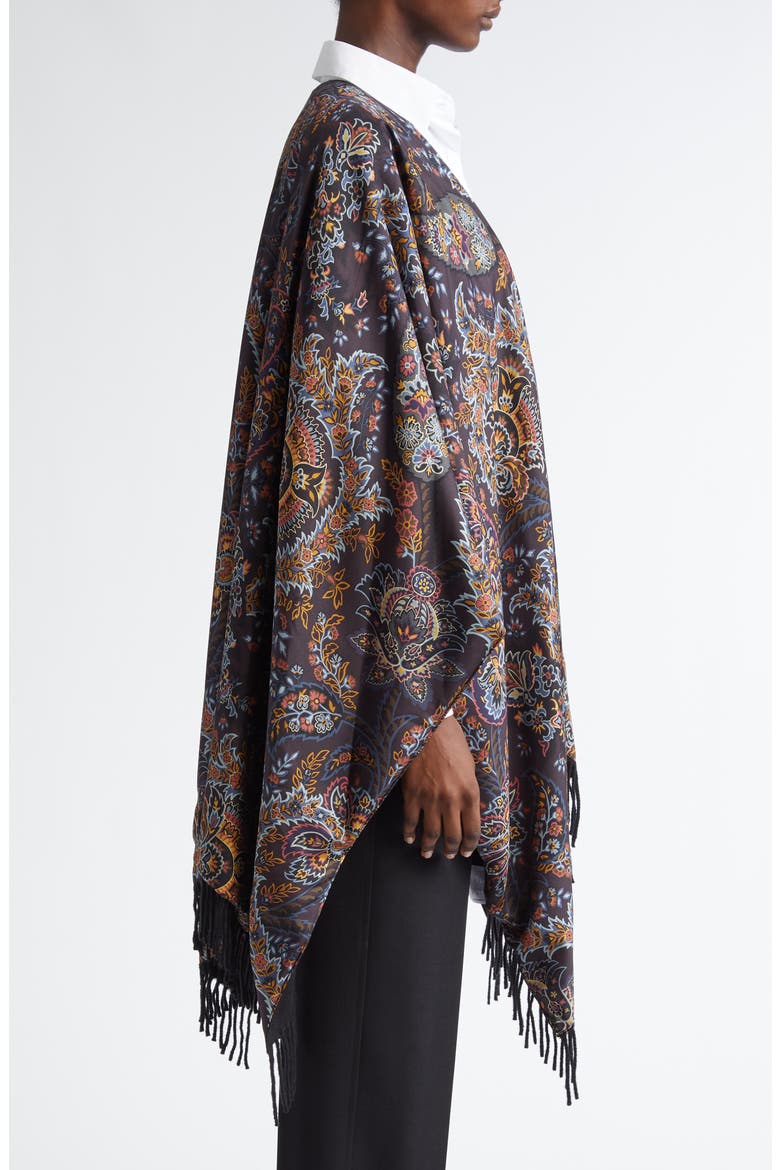 Paisley Fringe Trim Wool Ruana, Alternate, color, PRINT/ BLACK