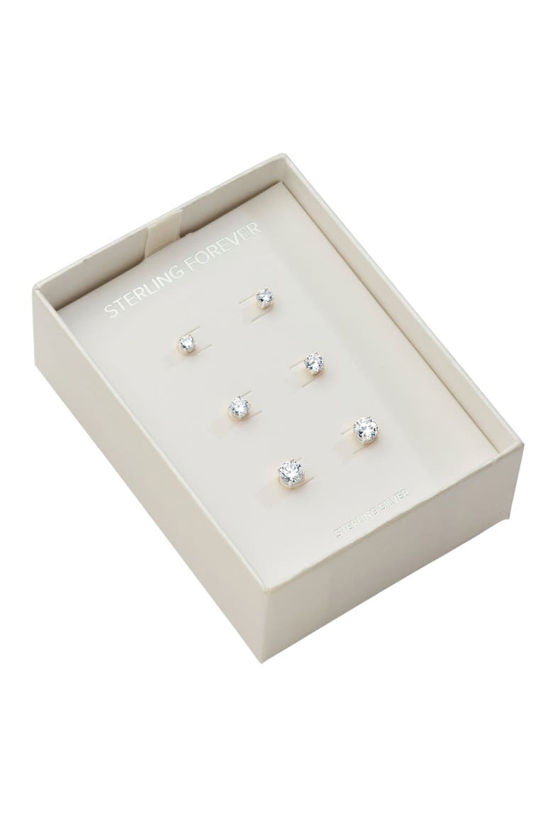 Sterling Silver CZ Stud Earrings - Set of 3, Main, color, SILVER