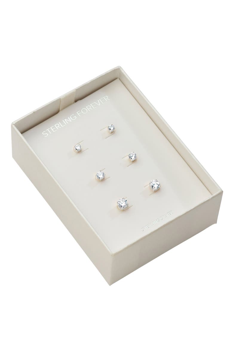 Sterling Forever Sterling Silver CZ Stud Earrings - Set of 3, Main, color, Silver