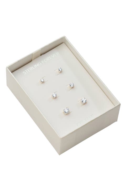 Sterling Silver CZ Stud Earrings - Set of 3
