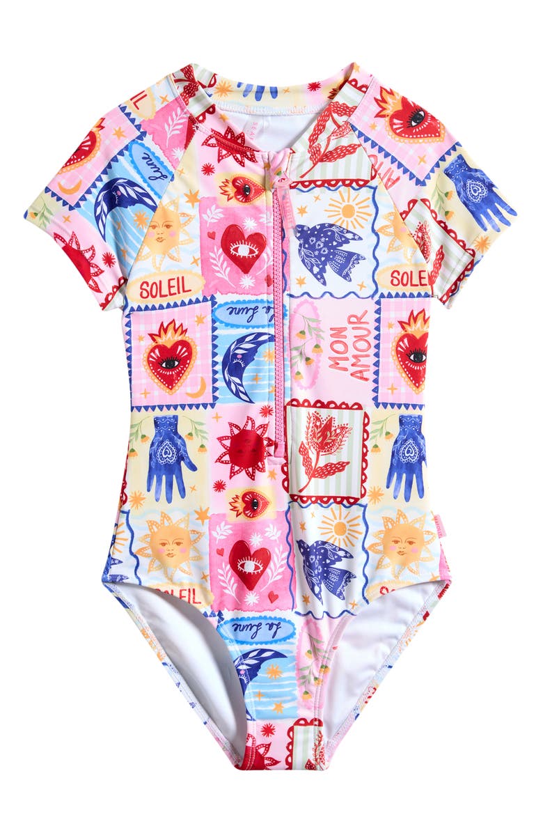Seafolly Kids' Palermo Short Sleeve One-Piece Rashguard Swimsuit, Main, color, Palermo