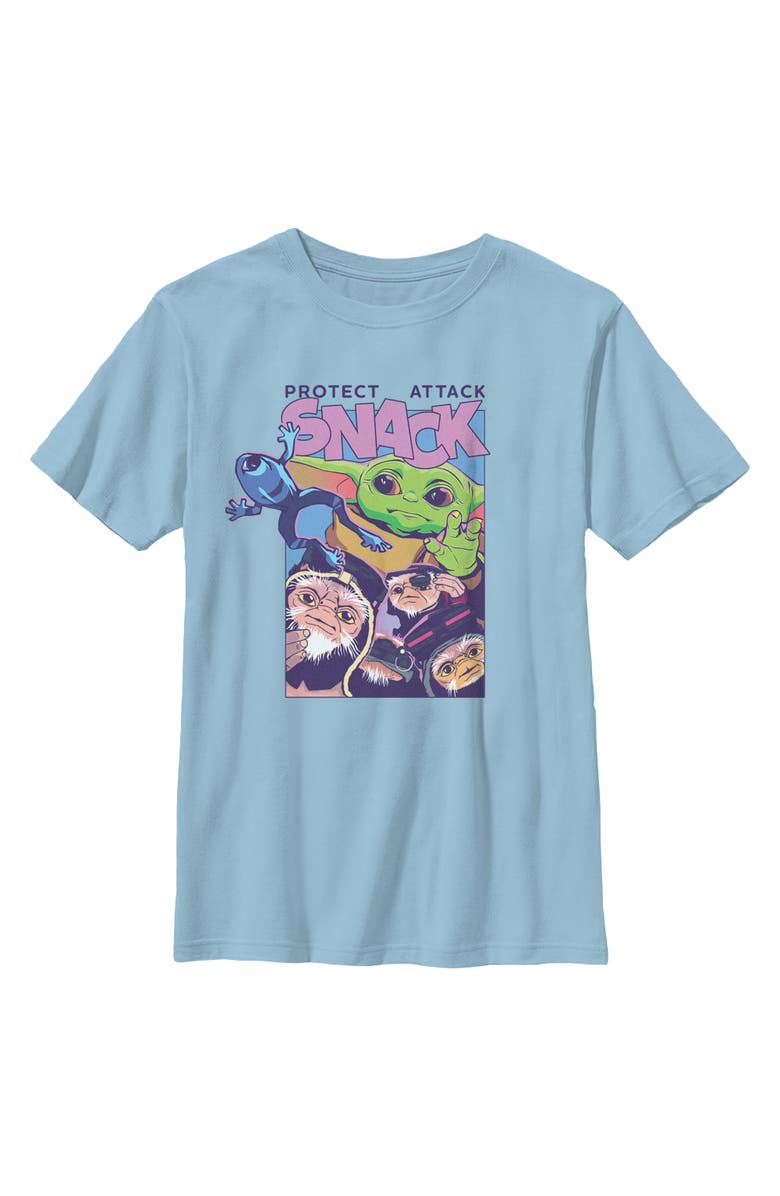Star Wars: The Mandalorian and Grogu Boy's Star Wars The Mandalorian and Grogu Protect Attack Snack Collage Graphic T-Shirt, Main, color, Light Blue