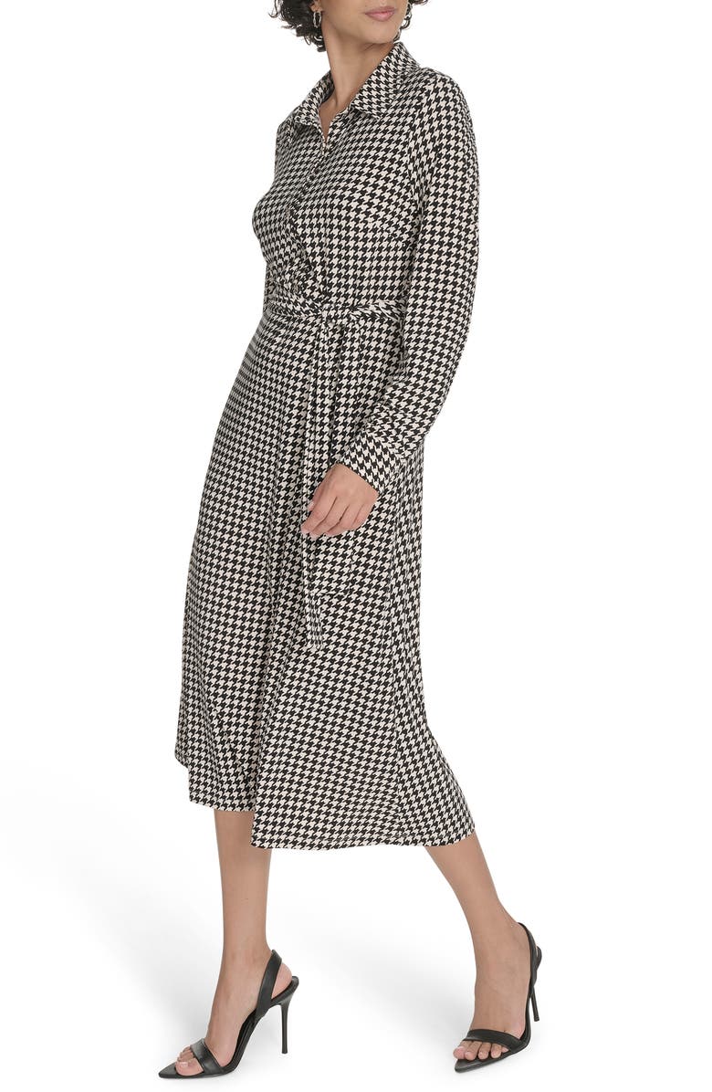 Tommy Hilfiger Houndstooth Long Sleeve Tie Waist Shirtdress, Alternate, color, Whitecap/ Black