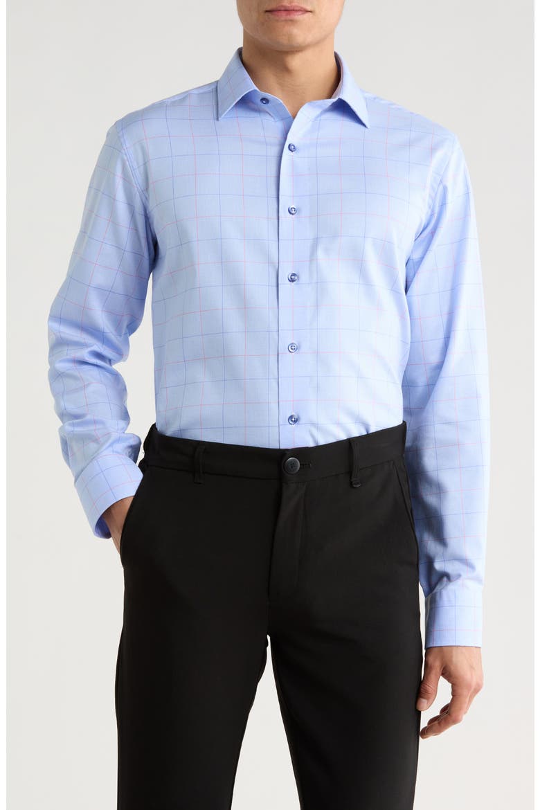 Trim Fit Large Windowpane Cotton Dress Shirt, Main, color, LIGHT BLUE