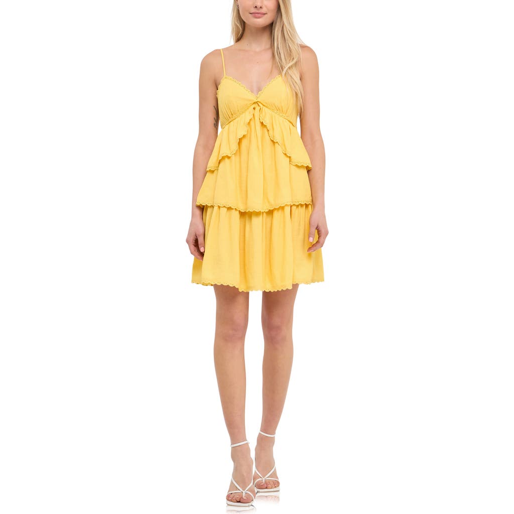 Free The Roses Lace Trim Tiered Minidress In Yellow