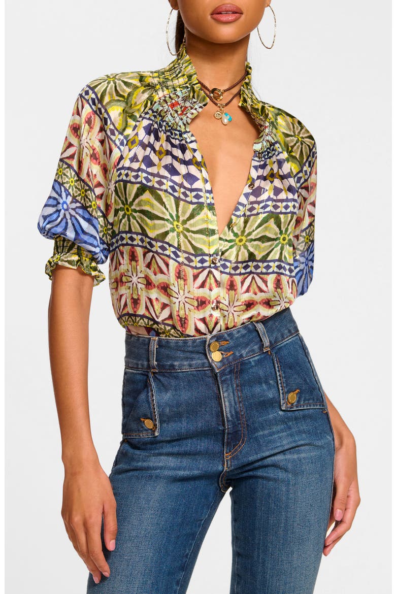 Chela Metallic Silk Shirt, Main, color, RIBBON BLUE COMBO