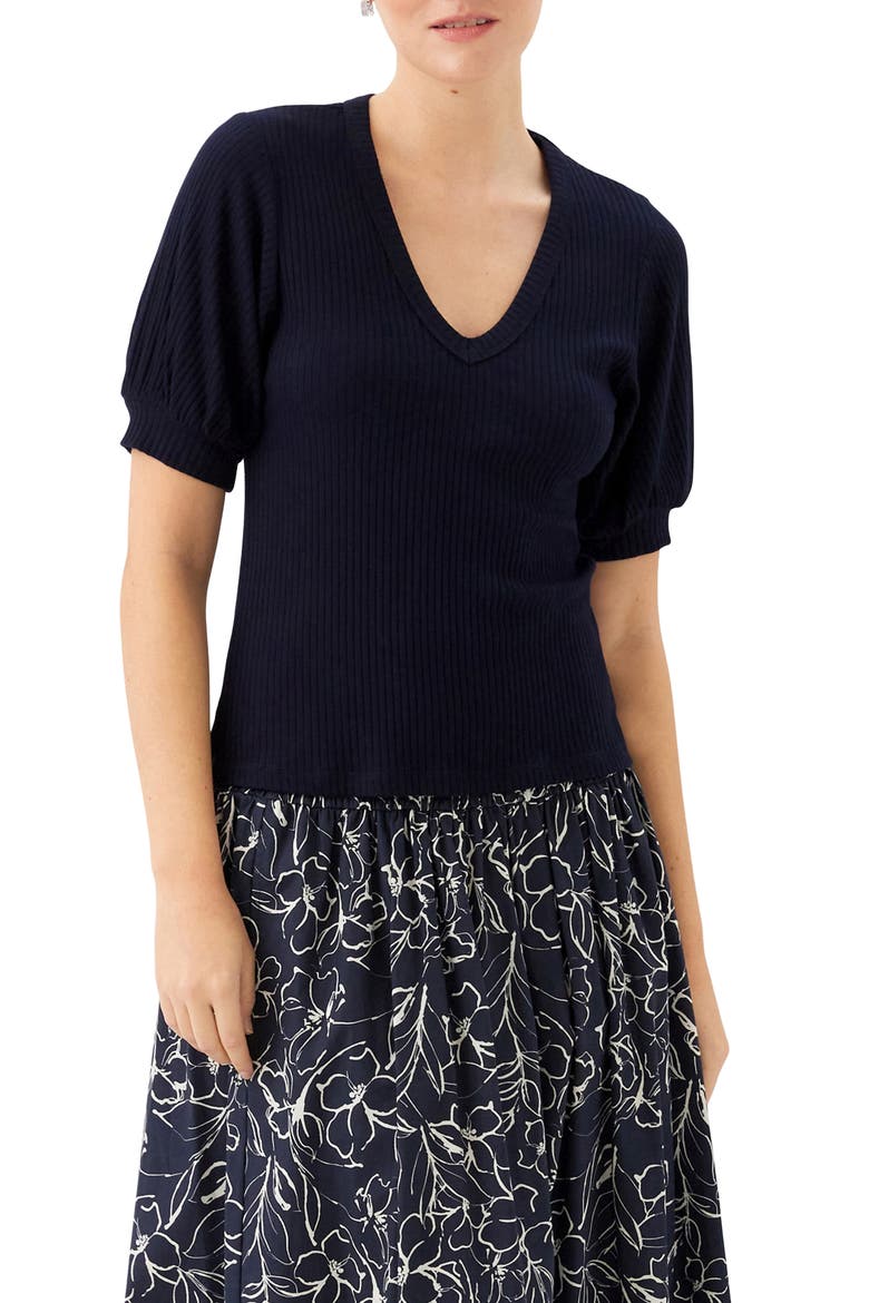 Puff Sleeve Rib V-Neck Top, Main, color, NAVY