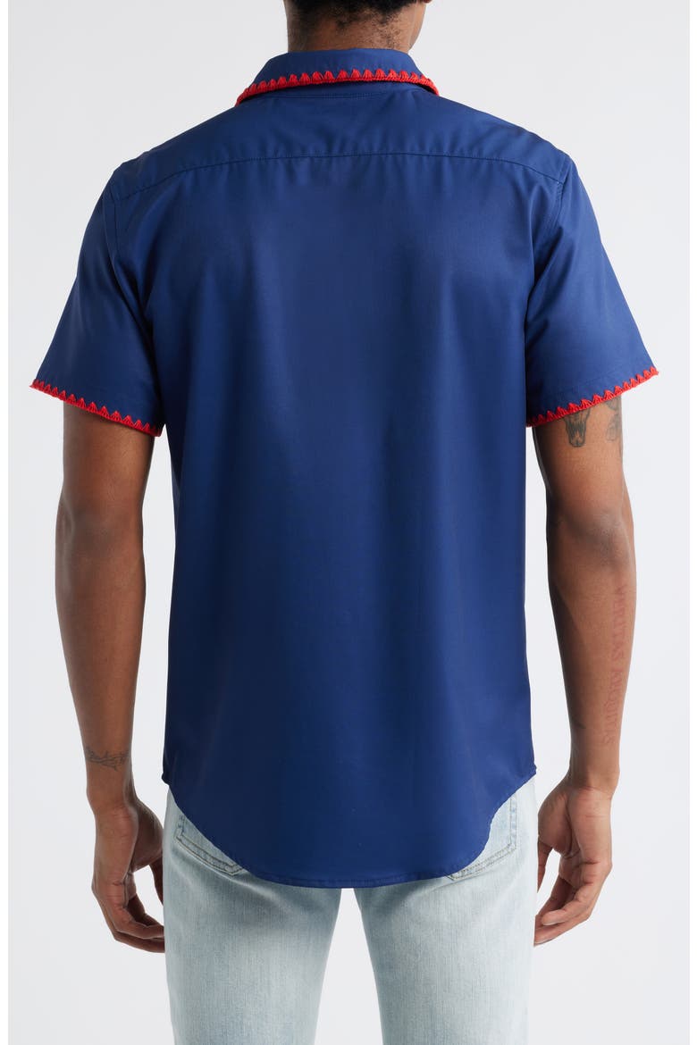 Weekend Crochet Trim Short Sleeve Performance Button-Up Shirt, Alternate, color, NAVY