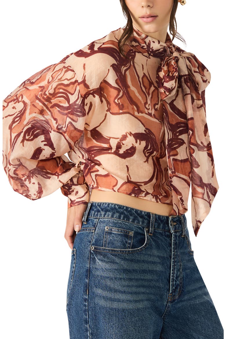 Sutton Equestrian Print Tie Neck Top, Alternate, color, SORREL HORSE