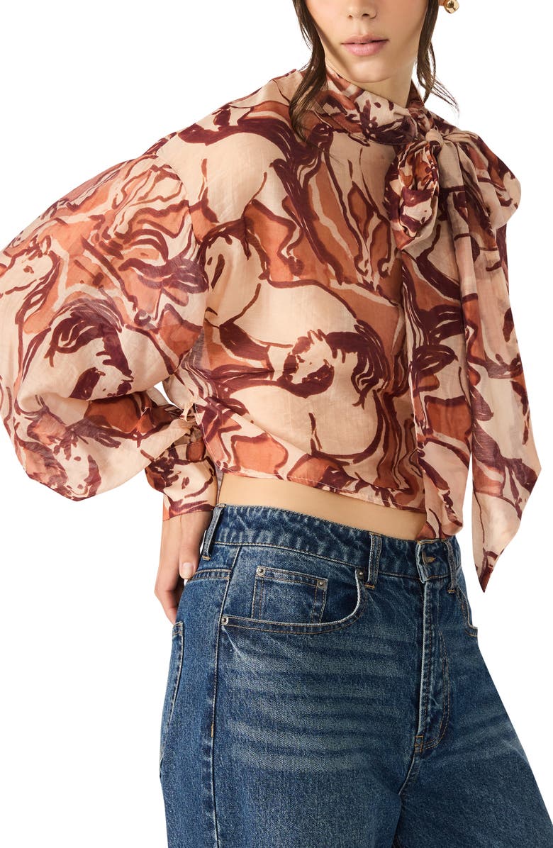 Steve Madden Sutton Equestrian Print Tie Neck Top, Alternate, color, Sorrel Horse