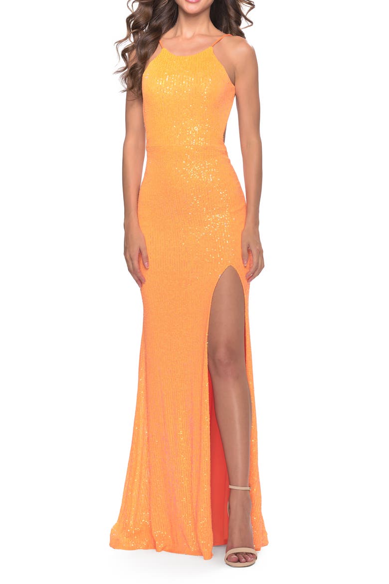 High Neck Long Sequin Gown with Open Back, Alternate, color, Orange