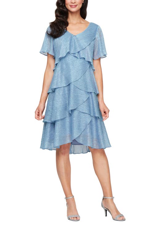 SL FASHIONS Embellished V-Neck Short Sleeve Shimmer Bodre Tier Cocktail Dress (Regular & Petite)