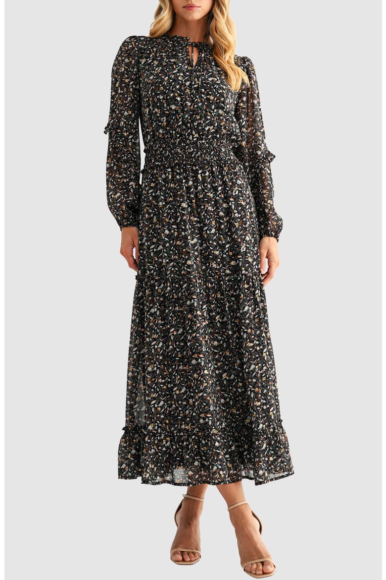 Floral Print Tie Neck Long Sleeve Maxi Dress, Main, color, BLACK FLORAL