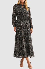 Mila Mae Floral Print Tie Neck Long Sleeve Maxi Dress