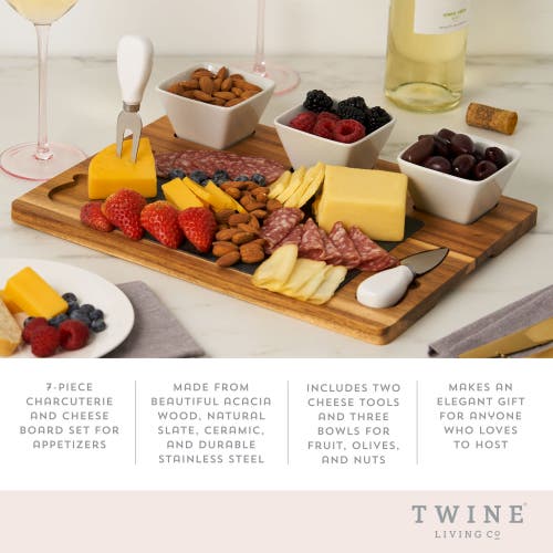 Twine Acacia Wood & Slate Cheese Board Set With Ceramic Bowls In Brown