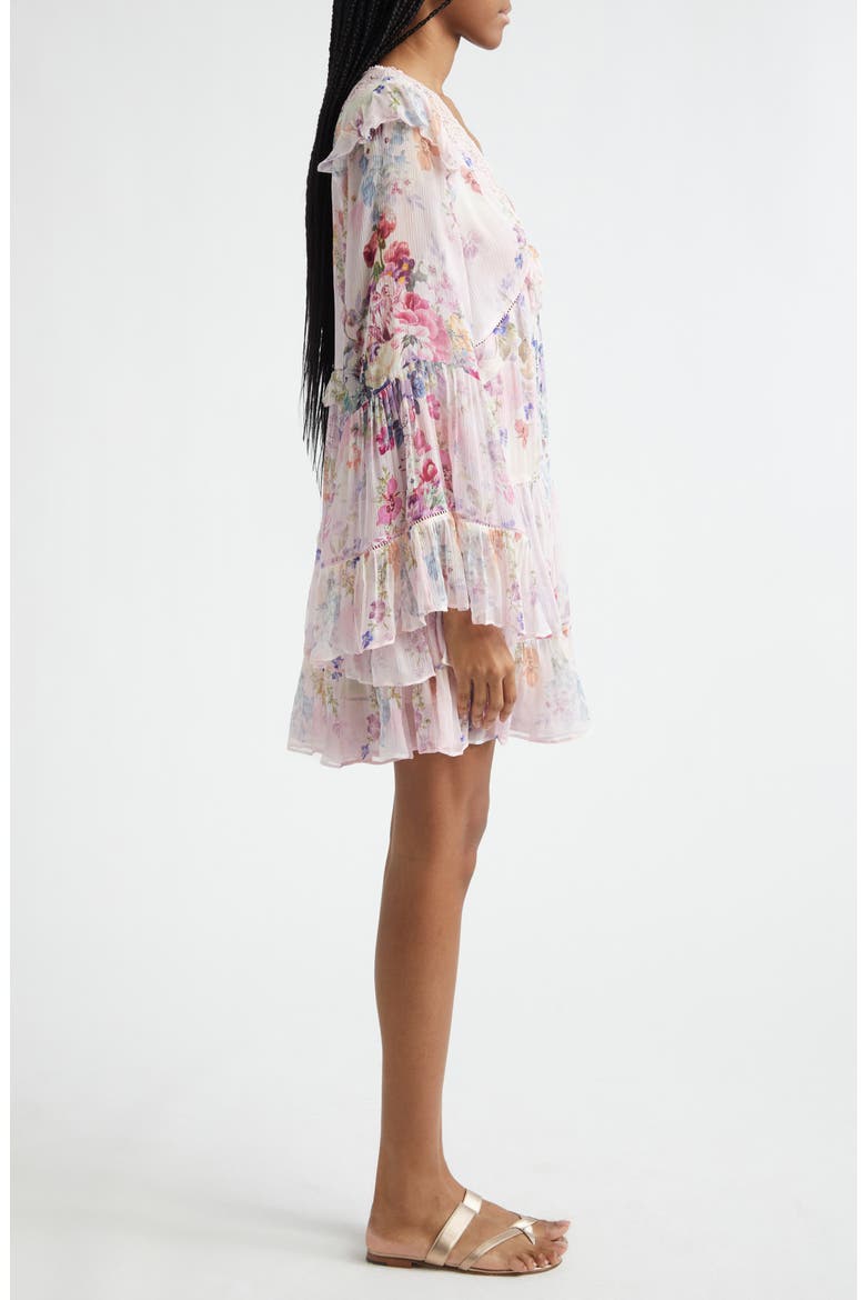 Floral Long Sleeve Silk Chiffon Tiered Minidress, Alternate, color, PALATIAL PASTELS