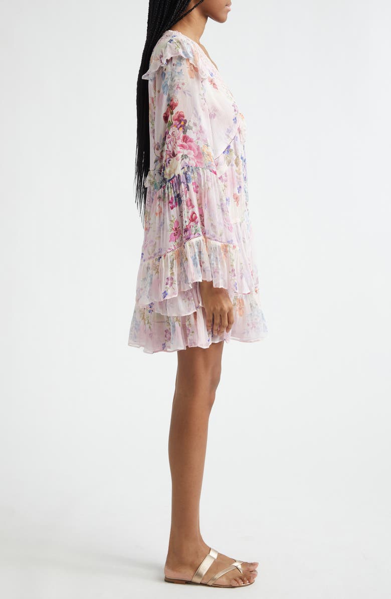 Camilla Floral Long Sleeve Silk Chiffon Tiered Minidress, Alternate, color, Palatial Pastels