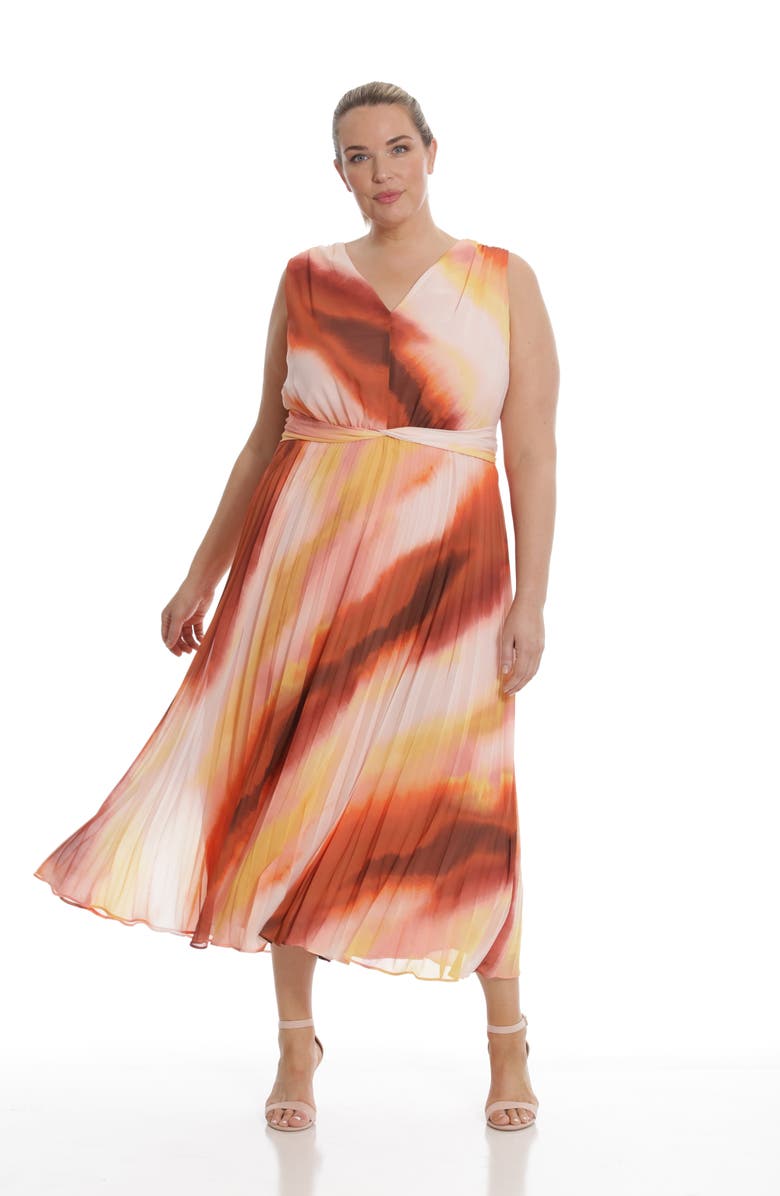 Donna Morgan V-Neck Pleated Midi Dress, Alternate, color, Soft Creme/Rust Multi