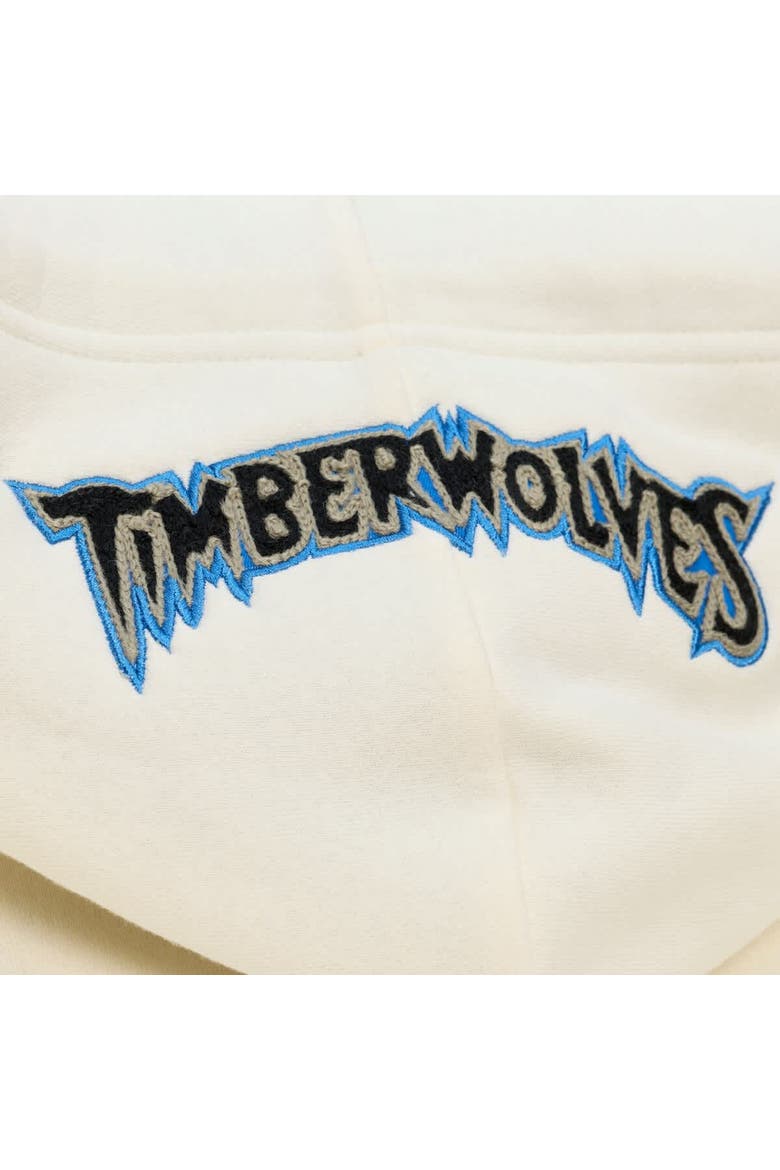 Men's Mitchell & Ness Cream Minnesota Timberwolves Hardwood Classics Chainstitch Premium Fleece Hoodie, Alternate, color, Cream