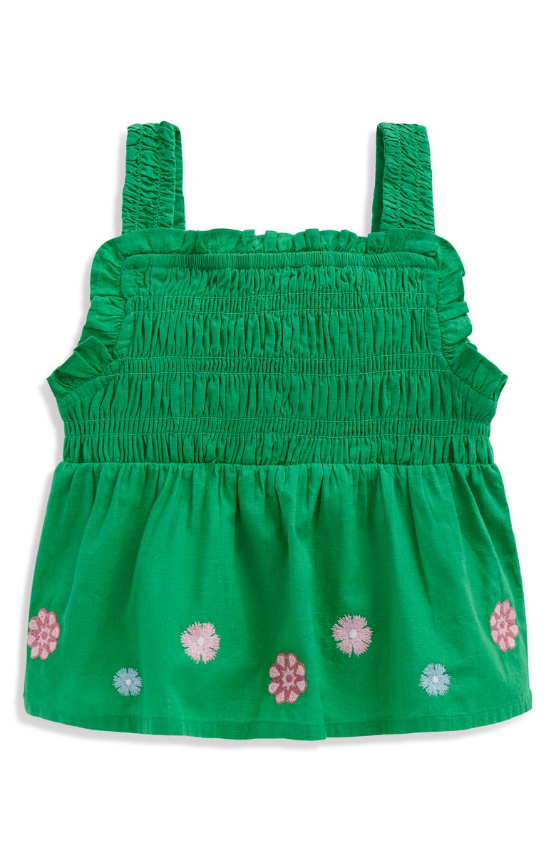 Mini Boden Kids' Floral Embellished Smocked Cotton Top, Main, color, Sapling Green