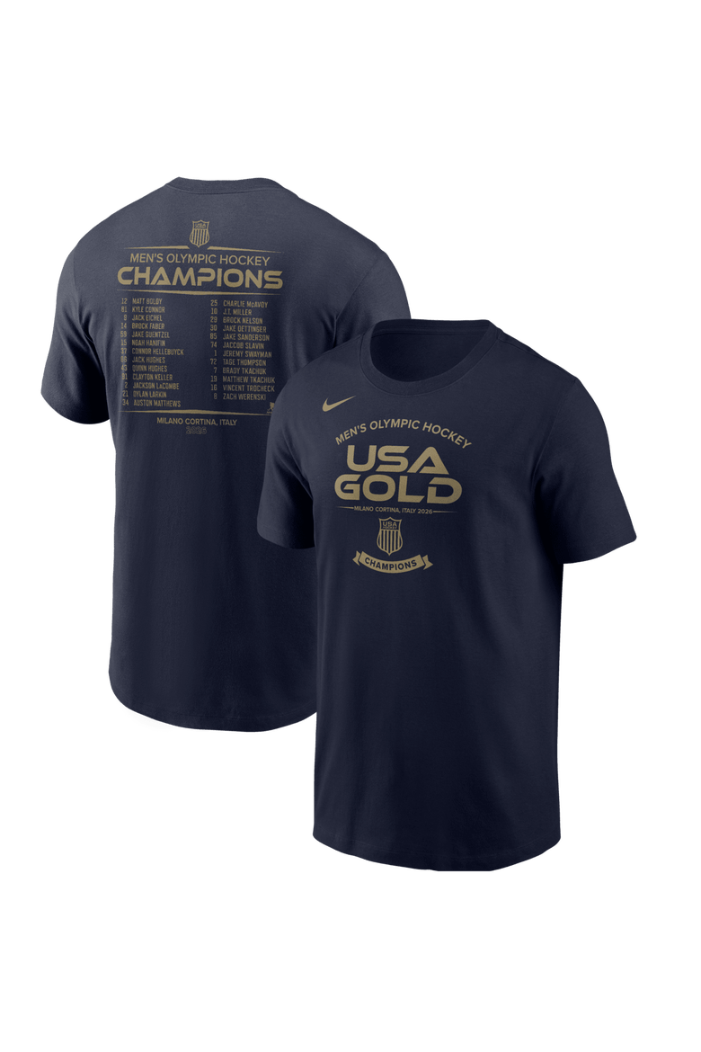 Men's Nike  Navy Men's USA Hockey 2026 Winter Olympics Gold Medal Roster T-Shirt, Main, color, Navy