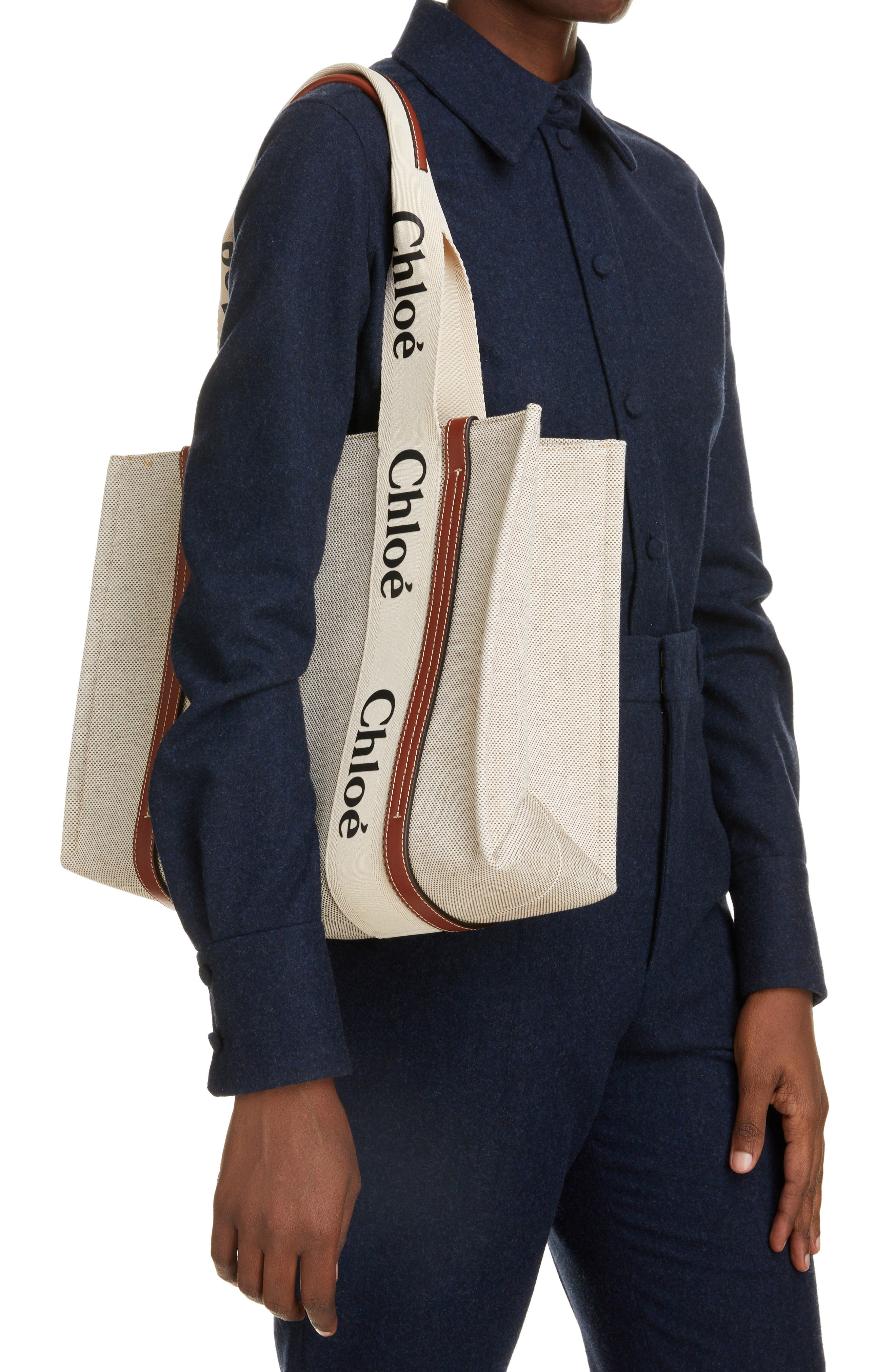 Medium Woody Logo Strap Canvas Tote, Alternate, color, WHITE - BROWN 1