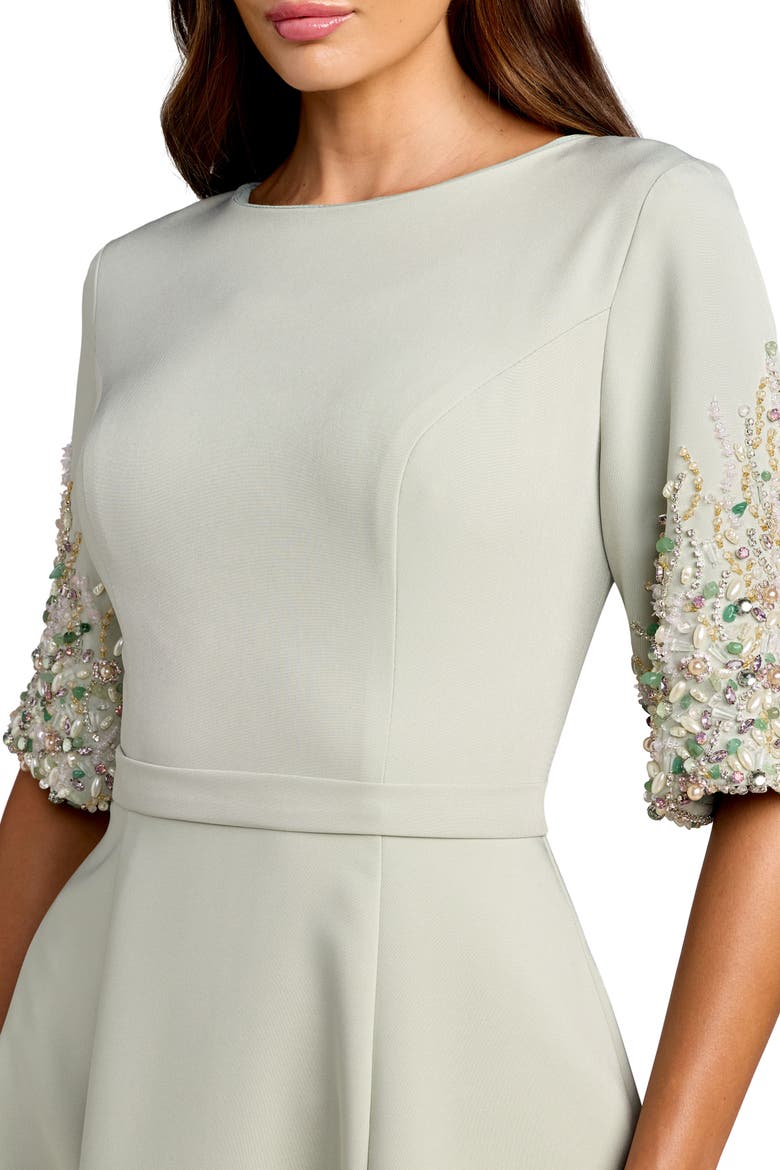 Crepe A Line Midi Dress With Beaded Sleeves, Alternate, color, Sage