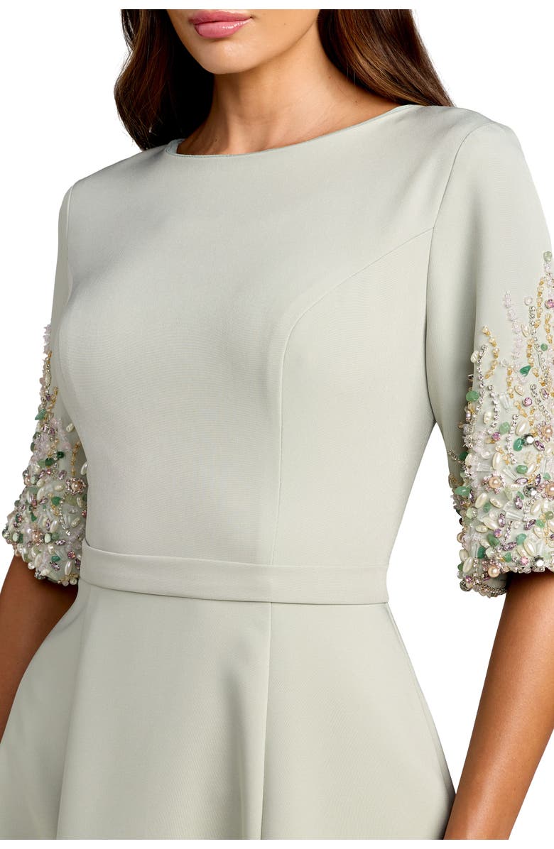 Mac Duggal Crepe A Line Midi Dress With Beaded Sleeves, Alternate, color, Sage