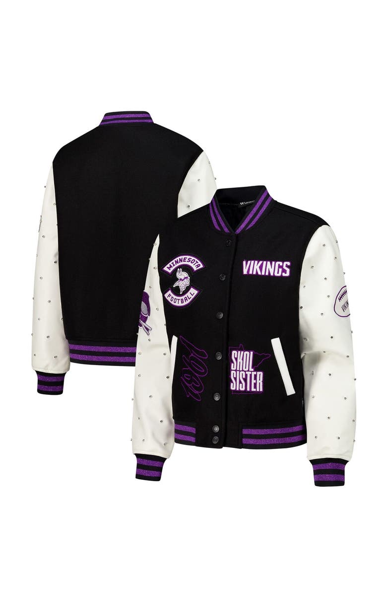 THE WILD COLLECTIVE Women's The Wild Collective Black Minnesota Vikings Varsity Full-Snap Sparkle Jacket, Alternate, color,
