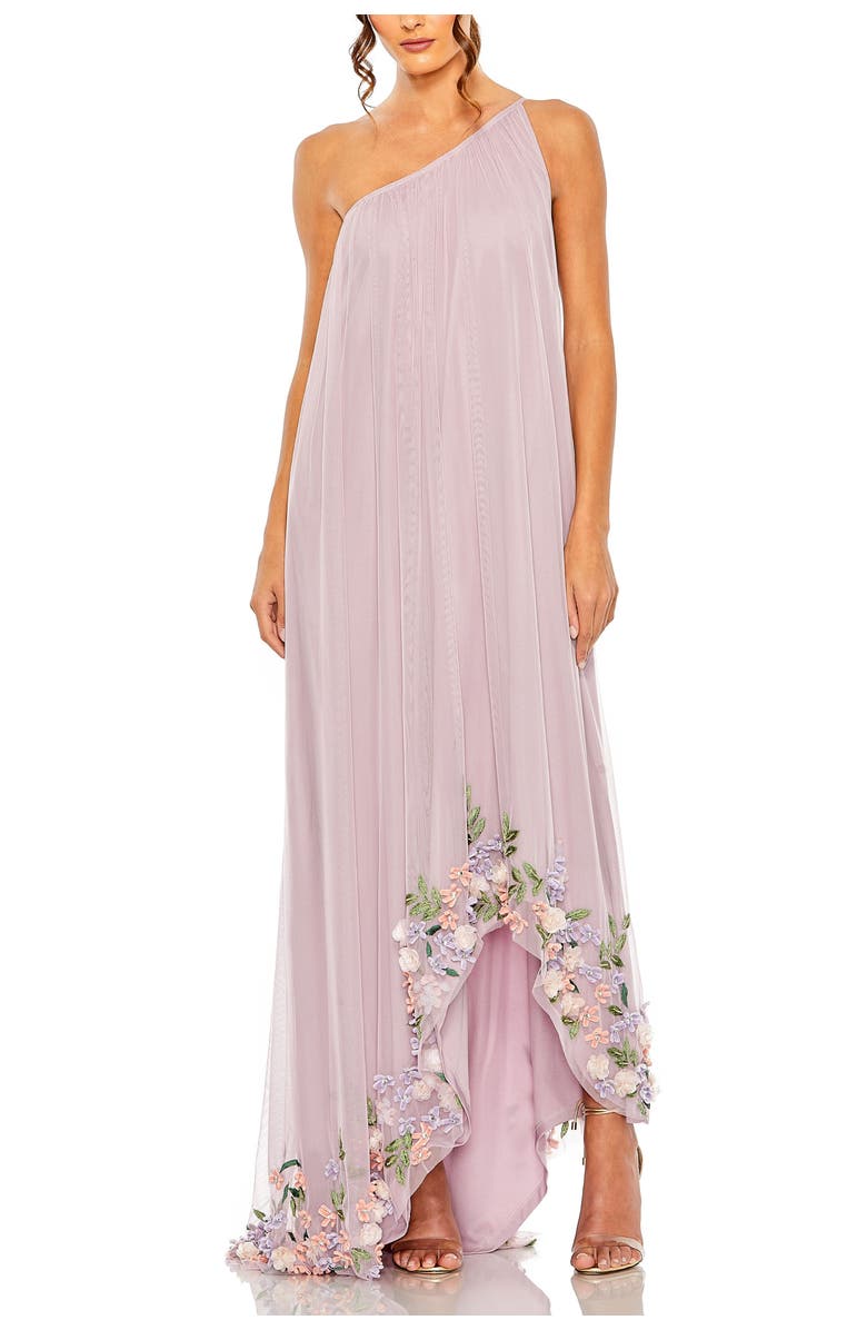 Mac Duggal One Shoulder Trapeze Embellished High Low Gown, Main, color, Orchid Multi