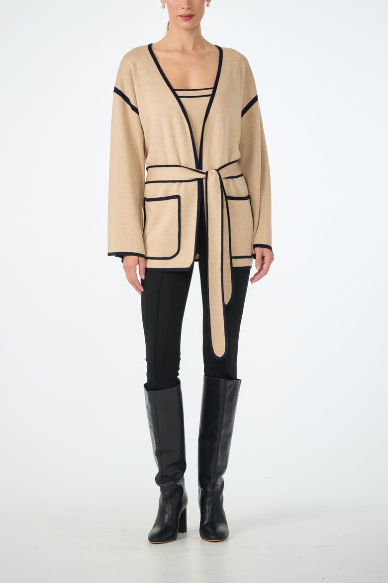 Wright Belted Flare Sleeve Cardigan, Alternate, color, Camel/Indigo