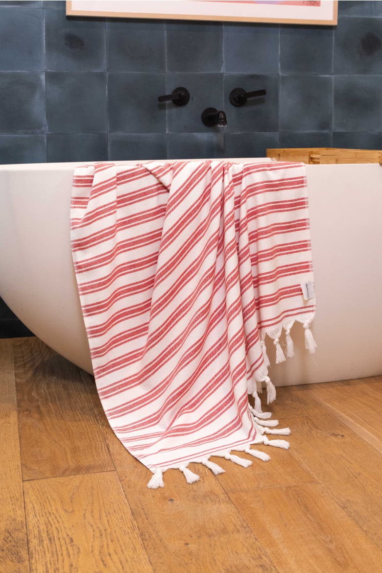 Bask Striped Organic Turkish Towel with Soft Terry Cloth Back, Alternate, color, Red