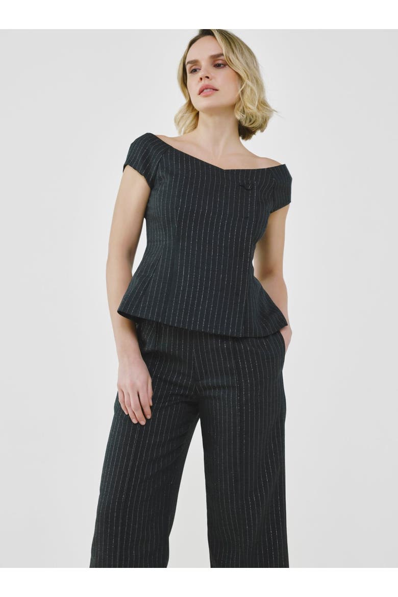 Tailored Pinstripe Bardot Top, Alternate, color, Charcoal Grey